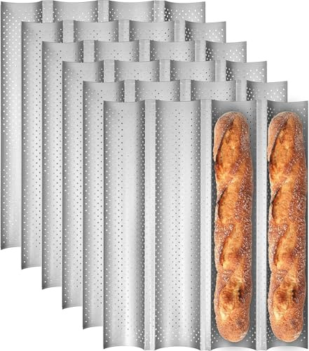 6 Pack Perforated Baguette Baking Tray for 4 French Sticks, Non-Stick Carbon Steel Loaf Baking Molds Pan, Heavy Duty Commercial Bread Tin Set - Silver, 38 x 31 cm