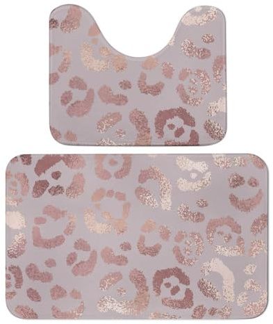 Dgsxynth Bathroom Mat, Leopard Skin Rose Gold Bath Mats Set of 2, Absorbent Soft 1 Bathtub Rug And 1 U Shape Toilet Mat