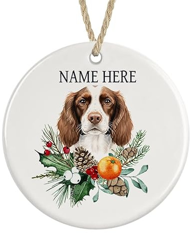 Personalised Springer Spaniel Ceramic Christmas Tree Bauble Decoration (Liver & White)