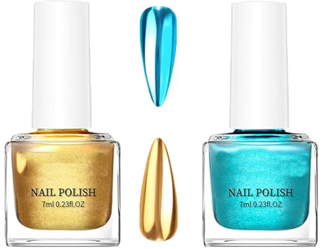 2 Colori Smalti Metallizzati a Specchio Cromato 7 Ml Colore Cromato Lucido In Metallo Smalto Per Unghie Smalto Per Unghie a Lunga Durata Senza Lampada Uv Per Nail Art Fai Da Te (Blu, Oro)