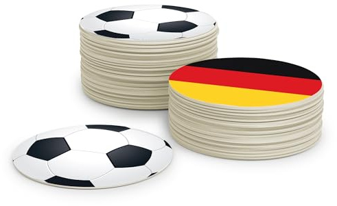 Untersetzer für Gläser mit Fußball I Fussball (Vorderseite) / Deutschlandflagge (Rückseite) I Runde Papier Deckel (50 Stück) aus Pappe (⌀10cm) I WM 2026 Tischdeko