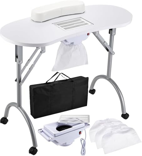 Mesa de Manicura Plegable Con Aspiradora portátil Mesa de uñas | con ruedas móvil Cojín para Manos, Cajón y Bolsa para Salón de Belleza estudios de uñas
