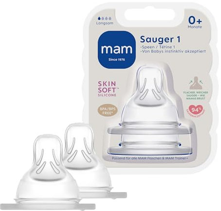 MAM Sauger Größe 1 im Doppelpack, Flaschensauger (Durchflussrate langsam), weicher Trinksauger passend für Flaschen/Trainer, ab der Geburt