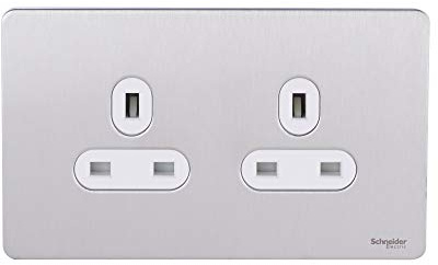 Schneider Electric Ultimate Screwless Flat Plate - Double Unswitched Power Socket, 13A, GU3460WSS, Stainless Steel with White Insert