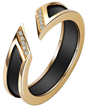 PAMTIER Damen 2 Reihen Klar Kristall Keramik Ehering Klassisch Hochpoliert Offen Ring Schwarzes Gold Größe 57