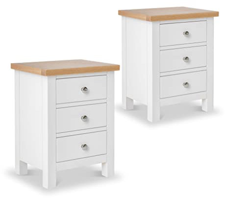 Farrow White Bedside Tables Set of 2 Cabinet Units with Oak Tops | Roseland Furniture Pair of Solid Wood Painted Side End Night Stands with 3 Drawer Storage for Bedroom or Bathroom | Fully Assembled