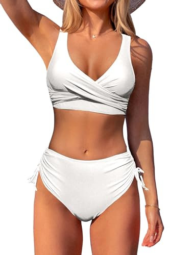 Beachsissi Damen Hoch taillierte Badeanzüge Criss Cross Drawstring Side Bikini Sets Lace Up 2 Stück Badeanzüge, Weiß, L
