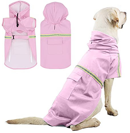 PETCUTE Hunderegenmantel mit Kapuze,Wasserdicht Hunde Regenmantel mit Reflektierenden Streifen,Verstellbarer Hunde Regenjacke mit Kragenloch für Kleine Mittelgroße und Große Hund,2XL