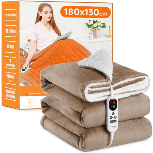 Heizdecke mit Abschaltautomatik, 130x180cm 10 Heizstufen 1~9 Stunden Auto-Off-Timer Überhitzungsschutz, Elektrische Wärmedecke Bett Wärme Decke ETL für Home & Office Schnelle Flanell Waschbar Khaki