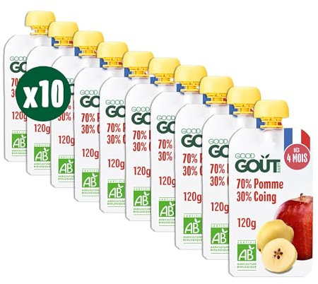 GOOD GOÛT - Gourdes Pomme Coing - Purée Bébé - Dès 4 Mois - 70 % Pomme, 30 % Coing - Sans Sucres Ajoutés - Fabriqué En France - 10x120g