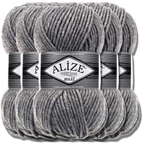 Alize 5 x 100g Superlana Maxi Türkische Premium Wolle Baumwolle und Acryl Uni Handstrickgarne | Yarn | Garn | Strickgarn Einfarbig Baby zum Häkeln Stricken Kleidung Schals (Grey Melange | 21)