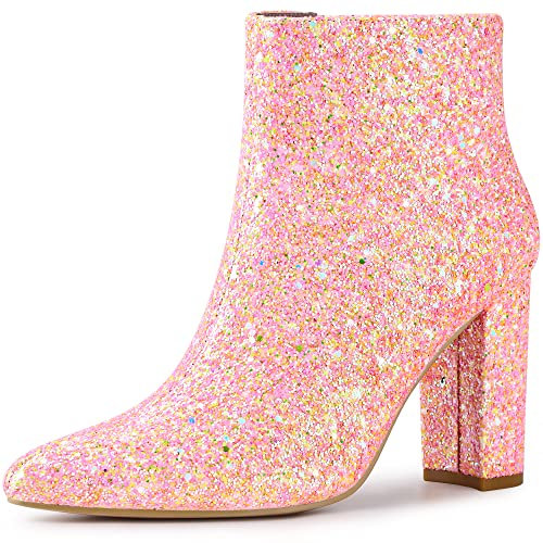 Allegra K Bottines à talon épais à bout pointu pailleté pour femme, Rose clair, 38 EU
