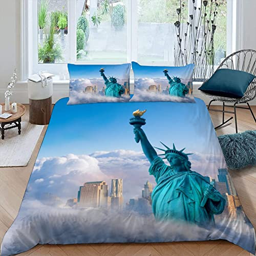 RFFLUX 3D New York Bettwäsche Set 135x200 cm 2teilig mit Reißverschluss Weiche und Angenehme Schlafkomfort Microfaser Bettbezug Freiheitsstatue Kinderbettwäsche mit Kissenbezug 80x80 cm