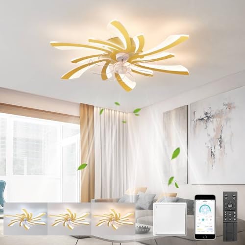LJX Ventiladores de Techo con Luz y Mando a Distancia Silencioso DC Lampara de Techo Dormitorio Ventilador Temporizador Regulable Reversible Ventilador Led Techo, Dorado