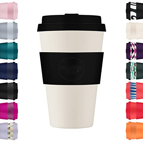 Ecoffee Cup 14oz 400ml Reusable Eco-Friendly 100% Plant Based Coffee Cup with Silicone Lid & Sleeve - Melamine Free & Biodegradable Dishwasher/Microwave Safe Travel Mug, Black Nature