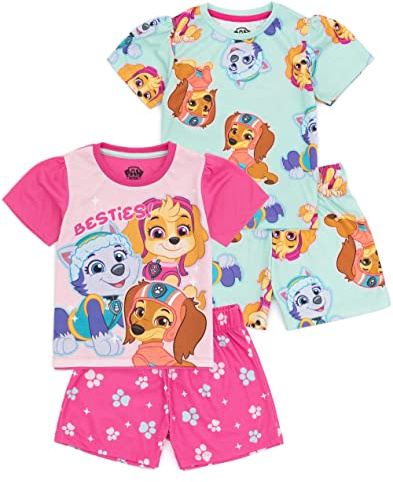 Paw Patrol Girls Pyjama Set | 2 Pack Multicoloured Short Sleeve T-Shirt Complete with Shorts PJs For Kids | Skye Everest Liberty Rescue Pups Nightwear | TV Series Sleepwear Merchandise Gift