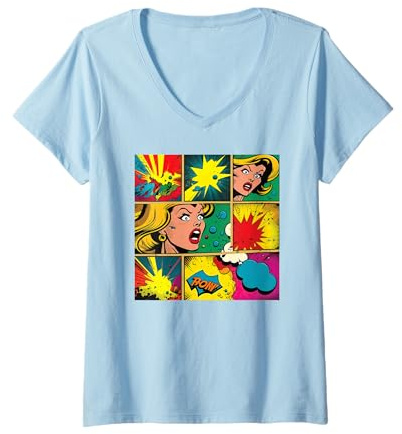 Damen Lustiges Retro Comic Pop Art Shirt Fun Cartoon Comics Manga Tee T-Shirt mit V-Ausschnitt