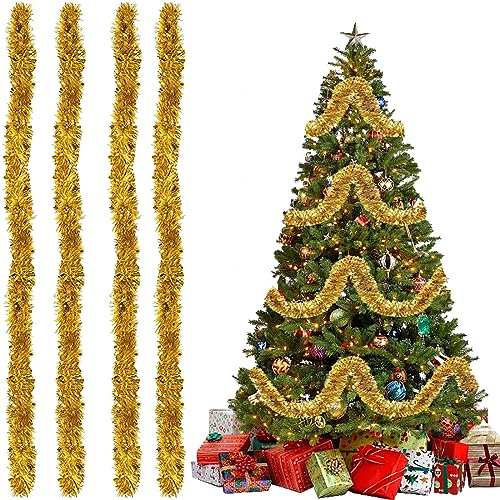 Lametta Girlande | Weihnachtsbaum Girlande 4er-Pack [8M], Extra Dicht & Glänzend für Festliche Atmosphäre | Perfekter Weihnachtsbaumgirlande für Christbaum (Gold, 4 Pack)