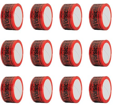 FYBR TAPEMAXX Vorsicht Glas 12 Rollen rotes Klebeband Achtung Bruchgefahr Caution Glass Fragile Paketband Zerbrechlich Warnung Packband Schwarz Piktogramm Paket (12 Rollen)