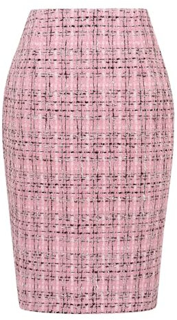 Kinghua Damen Bleistiftrock aus Wolle, kariert, Herbst, Winter, hohe Taille, Schlitz, figurbetont, knielang, Midirock, Tweed Pink Neu, X-Groß
