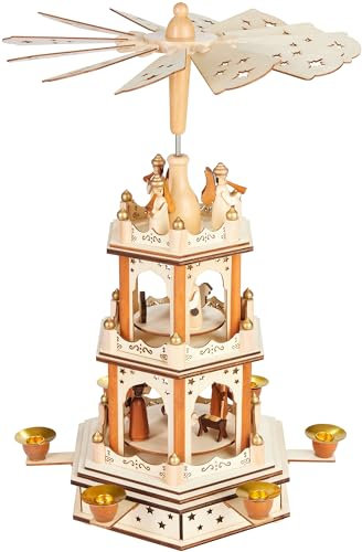 BRUBAKER Pirámide de Navidad - Pirámide de Madera Rotativa de 3 Pisos - Decoración de Navidad con 3 Pisos y Alas de Estrella de Madera - 45 cm de Altura - Figuras Pintadas a Mano - Marrón Natural