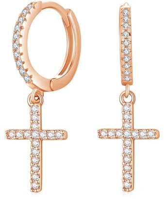 Cross Earrings for Women Men S925 Sterling Silver Dangling Dangle Drop Cross Hoop Earrings Cross Earrings Minimalist Huggie Earrings Hypoallergenic Lightweight Trendy Cross Earrings (03-Rose Gold)