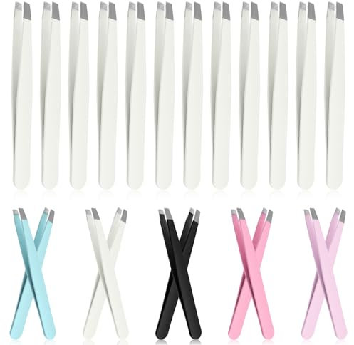 Glarks Lot de 12 pinces à épiler blanches en acier inoxydable à pointe inclinée pour poils du visage et sourcils pour homme et femme