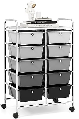 GOPLUS Rollwagen mit 10 Schubladen stapelbar, Rollcontainer mit Ablage & Metallgestell, Badregal, Aufbewahrungswagen, für Büro, Zuhause (Silber, Grau, Schwarz)
