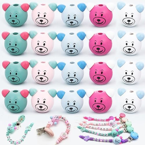 Yueser Holzperlen mit Gesicht, 20 Stück Holzkugeln mit Gesicht für Sorgenwurm Holzperlen mit Gesicht Sorgenwürmchen Groß Holzköpfe mit Gesicht Glückswürmchen Perlen mit Gesicht Holzkugeln mit Loch