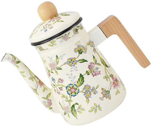 Amosfun Emaille- Vintage-Teekessel Mit Blumenmuster Holzgriff Rustikaler Emaille- Vase Auf Stahl Camping-Heißkaffeekanne Getränkekaraffe Für Bauernhaus-Dekoration