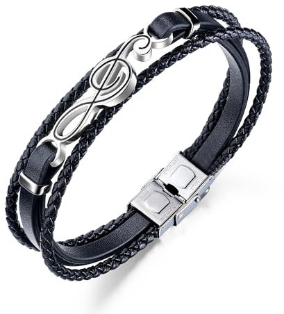 ATEIELLI Herren Armband Note Musik Thema Edelstahl Lederarmband 22cm JWB318