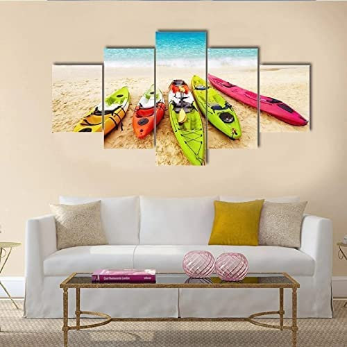 Leinwandmalerei Strand Bunte Boote 5 Stück Wandkunst Malerei Modulare Tapeten Posterdruck Für Wohnzimmer Schlafzimmer Esszimmer Büro Kinderzimmer Wandbild Wohnkultur Ohne Rahmen 150 X 100 Cm
