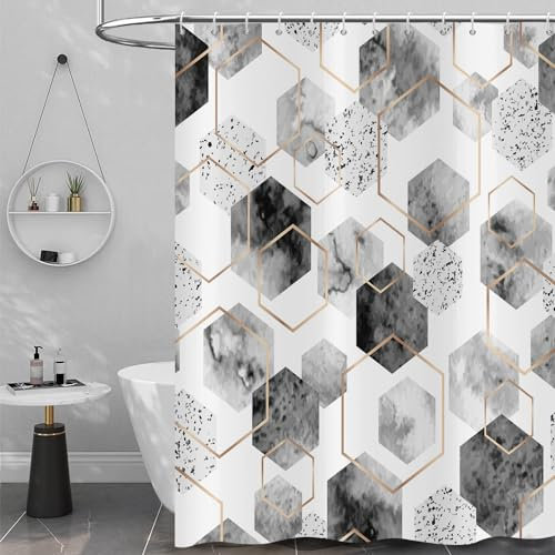 Hnmdmyi Rideau de Douche Gris 180x200, Abstrait Géométrique Moderne Motif Grille Minimaliste Rideau de Baignoire Etanche Tissu Polyester Lavable Rideau de Bain avec Crochets
