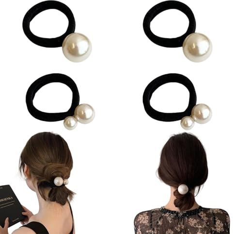 Perlen Haargummis, 4 Stück Elastische Haarbänder Haarschmuck, Perlen Pferdeschwanz Halter Bunt Haargummi für Damen Mädchen (Schwarz- 4 stück)