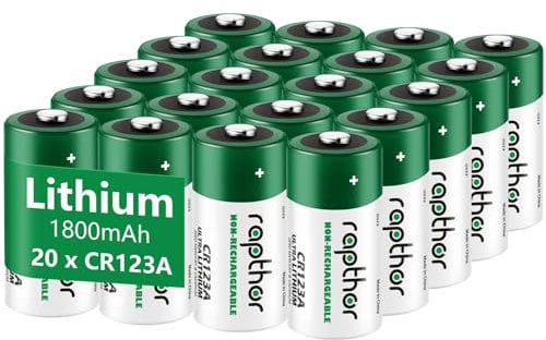 Rapthor 1800mAh CR123A 3V Lithium Batteries CR123 123A CR17345 Non-rechargeable Battery for Flashlights Smoke Detector Alarm System (Pack of 20)