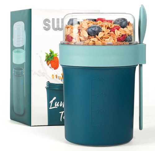 Swkien Müslibecher to Go, Joghurtbecher to Go, Müsli to Go Becher (560ML+220ML), Joghurt to Go Becher mit löffel, Müslibox to Go, Porridge Becher to Go, Müsli Cup Becher Lunchpot (Marineblau)