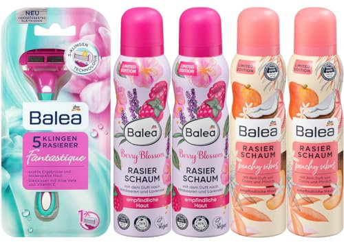 Balea 5-Klingen-Rasierer FANTASTIQUE + 4er-Set Balea Rasierschaum: 2 x BERRY BLOSSOM mit Duft nach Himbeeren & Lavendel (2 x 150 ml) + 2 x PEACHY VIBES Duft nach Cocos & Pfirsich (2 x 150 ml), 600 ml