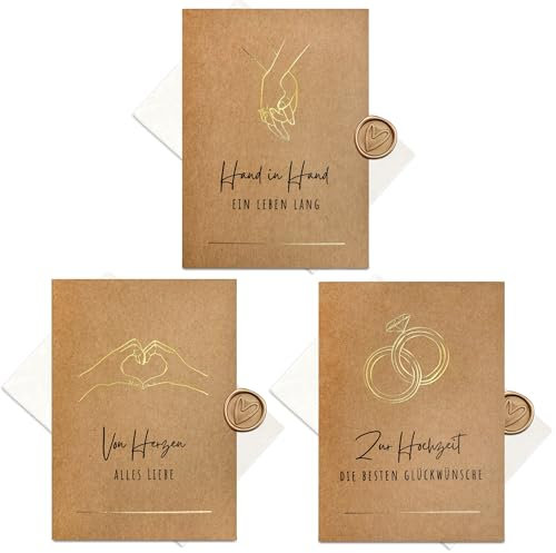 møij 3er Set Karten zur Hochzeit aus Kraftkarton mit goldener Heißfolienprägung - Inkl. Briefumschlägen und Wachssiegel
