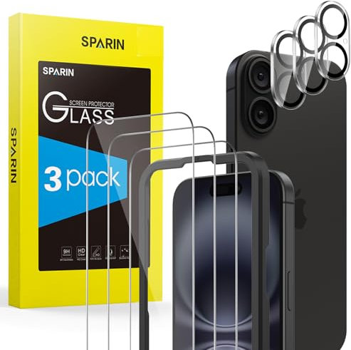 SPARIN für iPhone 16 Panzer Schutz Glas, 3+3 Stück Schutzfolie und Kameraschutz mit Positionierhilfe, Anti- Kratzer, Bläschenfrei, 9H Härte, HD-Klar