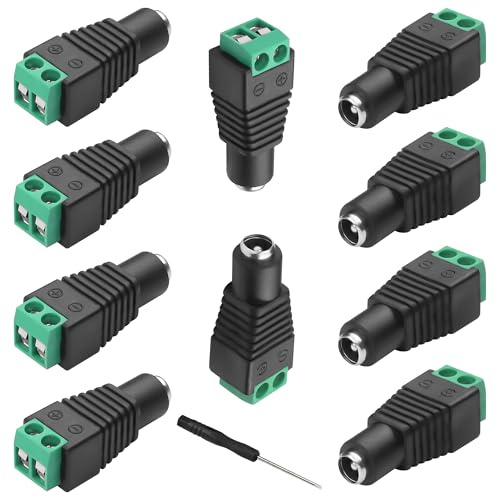 MEIRIYFA 12V DC Adapter Stecker 5.5mm x 2.1mm, DC Power Connector 5.5 x 2.1mm Buchse zu 2-Pin Buchse Schraube Typ Lötless Klemmen für CCTV Sicherheitskamera (10-Pack, DC Buchse)