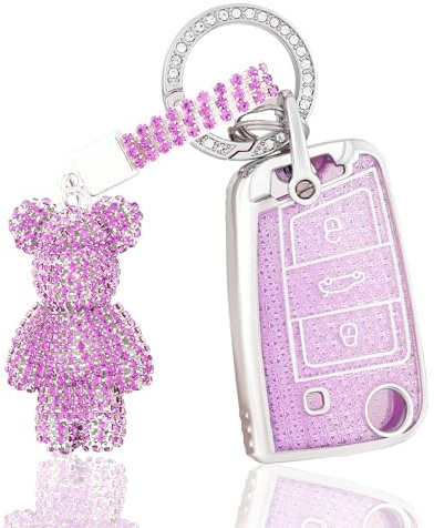 OFF WE GO Coque de Clé Etui Cles pour VW Golf 7 Polo Skoda Octavia MK7 Jetta Seat Leon Fabia Ibiza Fabia Superb Protecteur Clé Voiture Accessoire Voiture Clé à Télécommande avec Porte-clés, Violet