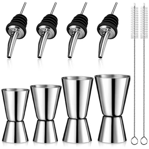 Edelstahl Cocktail Messbecher, 4 Stück 3cl/4cl/5cl/6cl Cocktail Doppelmass Skala, Doppelmass Jigger mit Skalierung Dual mit 4 Flaschenausgießern & 2 Pinseln für Bar Party Wein Barmass Getränke Shaker