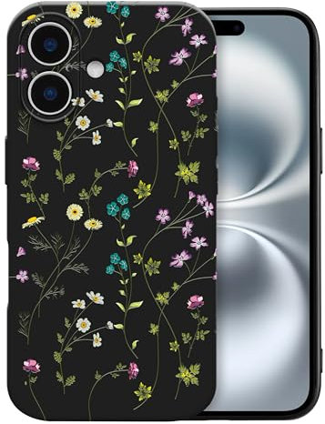 RALEAVO Flower Case for iPhone 16, Liquid Silicone Shockproof Protection Case Cover for Girls Women with Aesthetic Cute Floral Patterns Soft Slim Phone Case for iPhone 16 6.1-Black