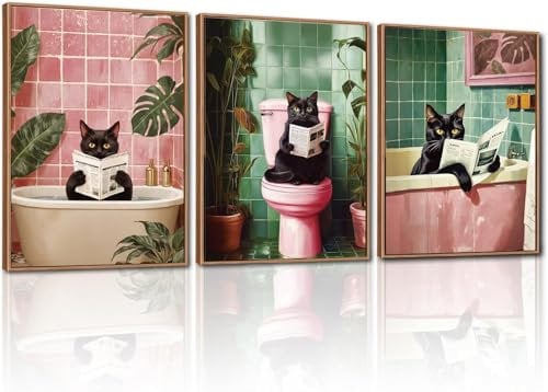 TOARTi Bathroom black cat Framed Canvas Wall Art Set,Funny Bathroom Wall Decor,Pink and green Toilet Artwork Black Cat Toilet Wall Painting,Tropical Art Prints For Living Room Bedroom Office,12x16inch
