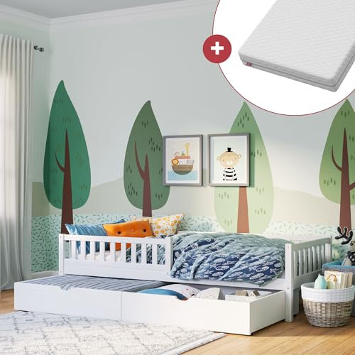 Bellabino Kinderbett Vils 90x200 cm mit Schublade, Einzelbett inkl. Lattenrost aus Kiefer Massivholz, Kinder Bett mit Rausfallschutz, Bett 90x200 in Weiß lackiert inkl. Matratze