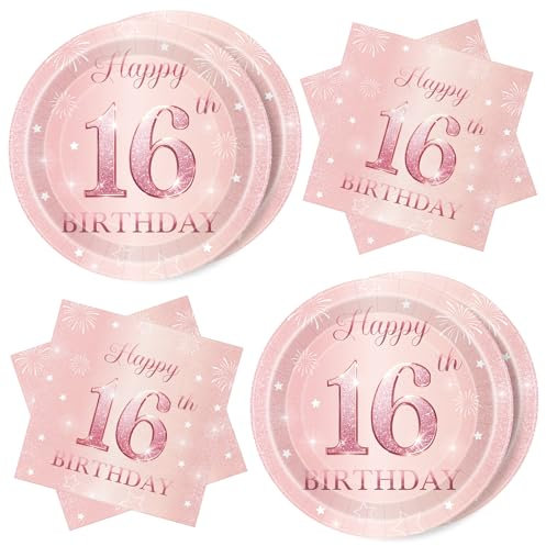 WenmthG Deko 16. Geburtstag Mädchen, 40 Stück Rosa Geburtstag Servietten und Pappteller Set - Happy Birthday 16 Geburtstag Servietten - Tischdeko 16. Geburtstag Mädchen - Servietten 16. Geburtstag
