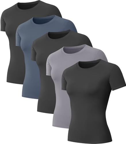 NebuKinex 5-Pack Women's Compression Shirts Short Sleeve Workout Tops Athletic Baselayer Quick Dry Gym Yoga Running T-Shirt Medium