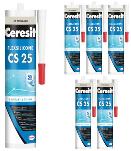 Sanitär Silikon CS25 Grau Pergamon für Innen und Außen Bad und Küche - Schimmel und Pilzschutz- UV- Beständig gegen Reinigungsmittel - dauerhafte Elastizität - Elastisch und dehnbar (6 x 280ml)