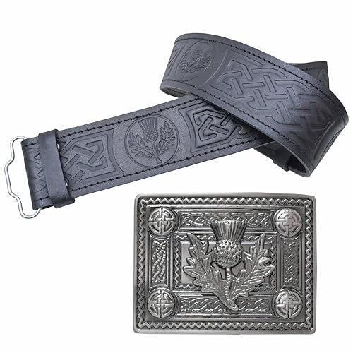 Leder-Kilt-Gürtel und Schnallen-Set, schottische Distel, geprägter Gürtel mit silbernen antiken keltischen Knoten-Schnallen, handgefertigtes Zinn, Kilt-Gürtel für Herren