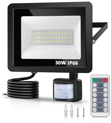 KALAHOL 30W Security Lights Outdoor Motion Sensor with IR Remote Control, PIR Security Light 3000LM 6500K IP66 Waterproof, LED Floodlights for Garden,Backyard,Garage,Doorways (Cold White)